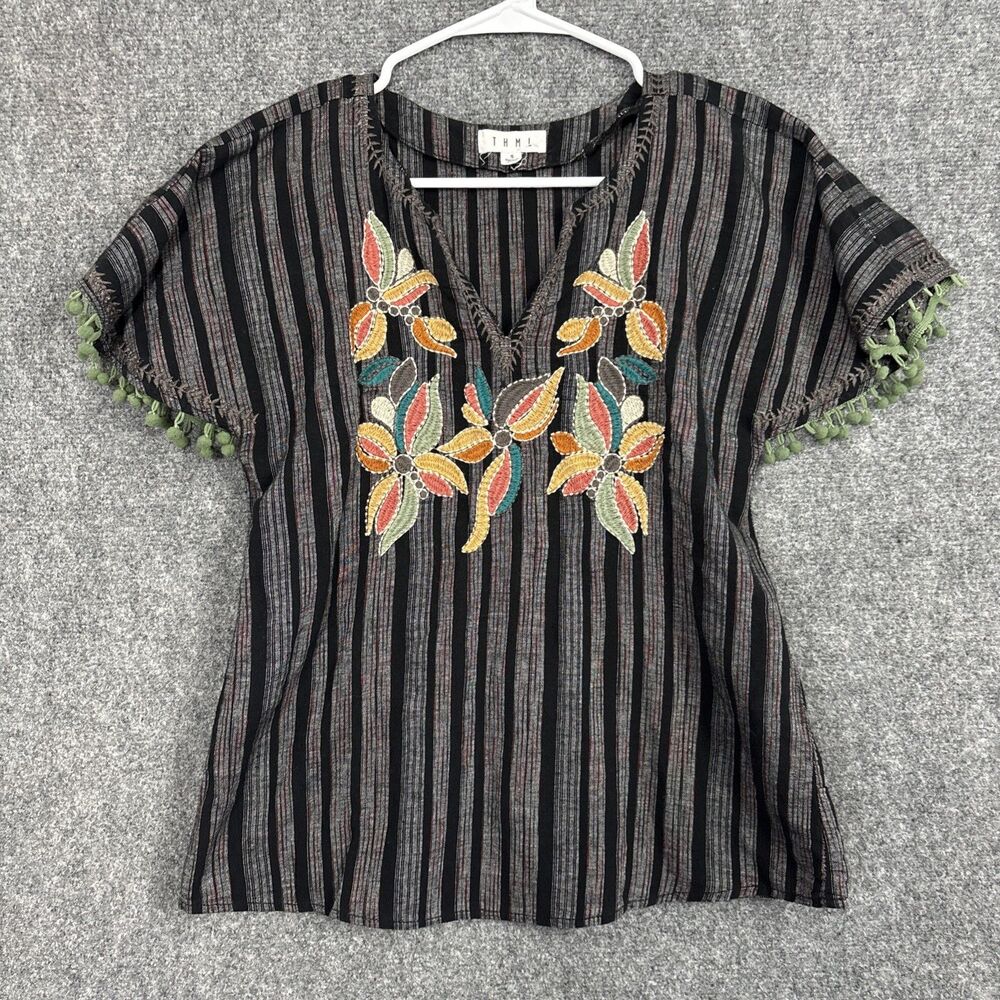 THML Top Blouse  Womens Size S Black Striped Embroidery Linen Blend Boho